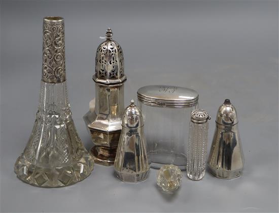 A George V silver sugar caster, a pair of Elkington & Co Art Deco silver pepperettes etc